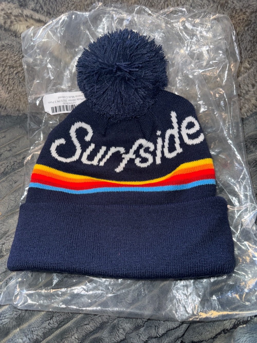 New unisex Surfside Pom Pom Beanie - Navy with Rainbow Stripes Bar promotions